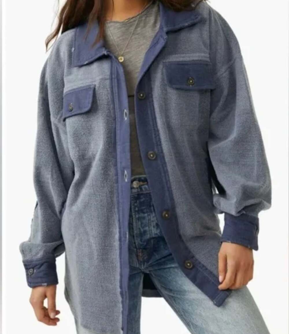 Free People Women's Ruby Fleece Distressed Shirt Jacket Shacket Oceana Blue SZ M